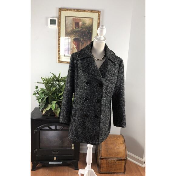 Kenneth Cole Wool Blend Peacoat Jacker Small White Black Speckled Double Bre - Picture 1 of 11